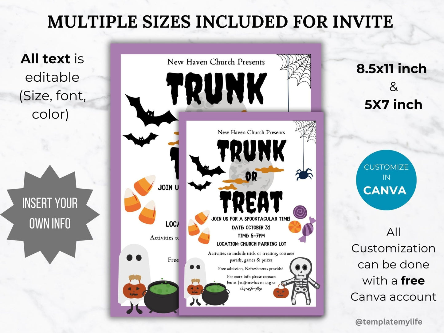 trunk or treat flyer and invitation template in size 8.5 x 11 inch and 5 x 7 inch all text customizable