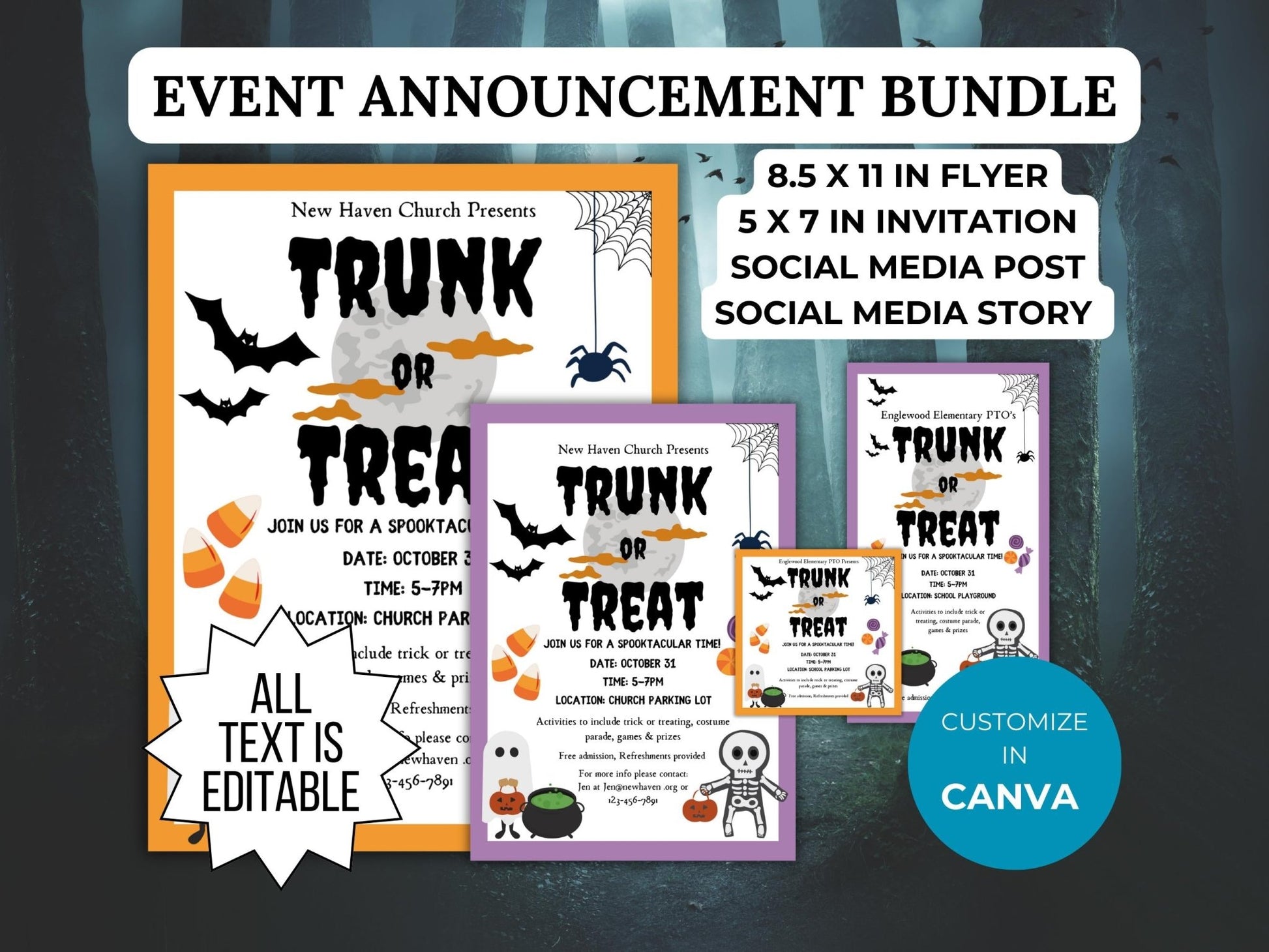 Trunk or Treat Flyer Invitation Template Bundle PTO PTA Halloween Party invite Social Media post trick or treat save the date announcement