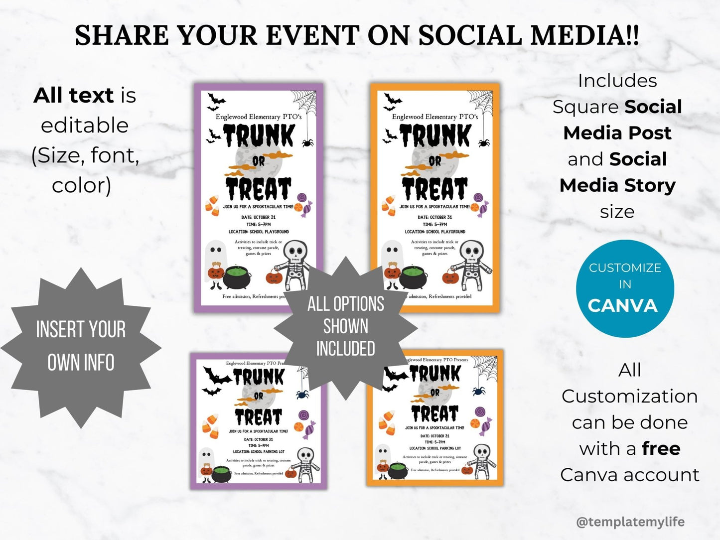 trunk or treat social media instagram post in square size and story size in purple and orange template fully customizable