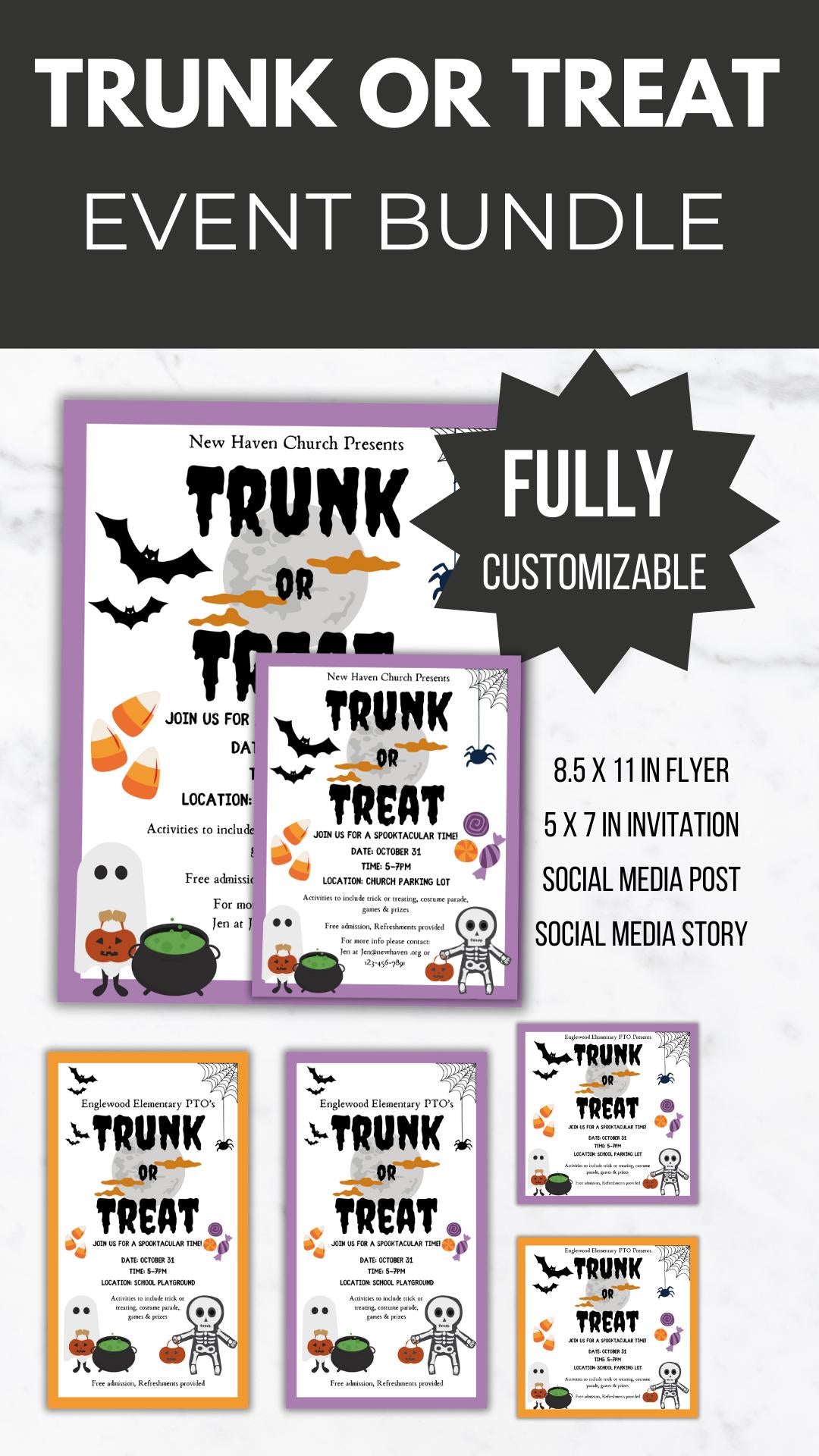 Trunk or Treat Flyer Invitation Template Bundle PTO PTA Halloween Party invite Social Media post trick or treat save the date announcement