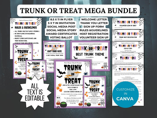 Trunk or Treat Flyer Invitation Template PTO Bundle Neighborhood Halloween Party invite PTA Editable School trick or treat fall event forms