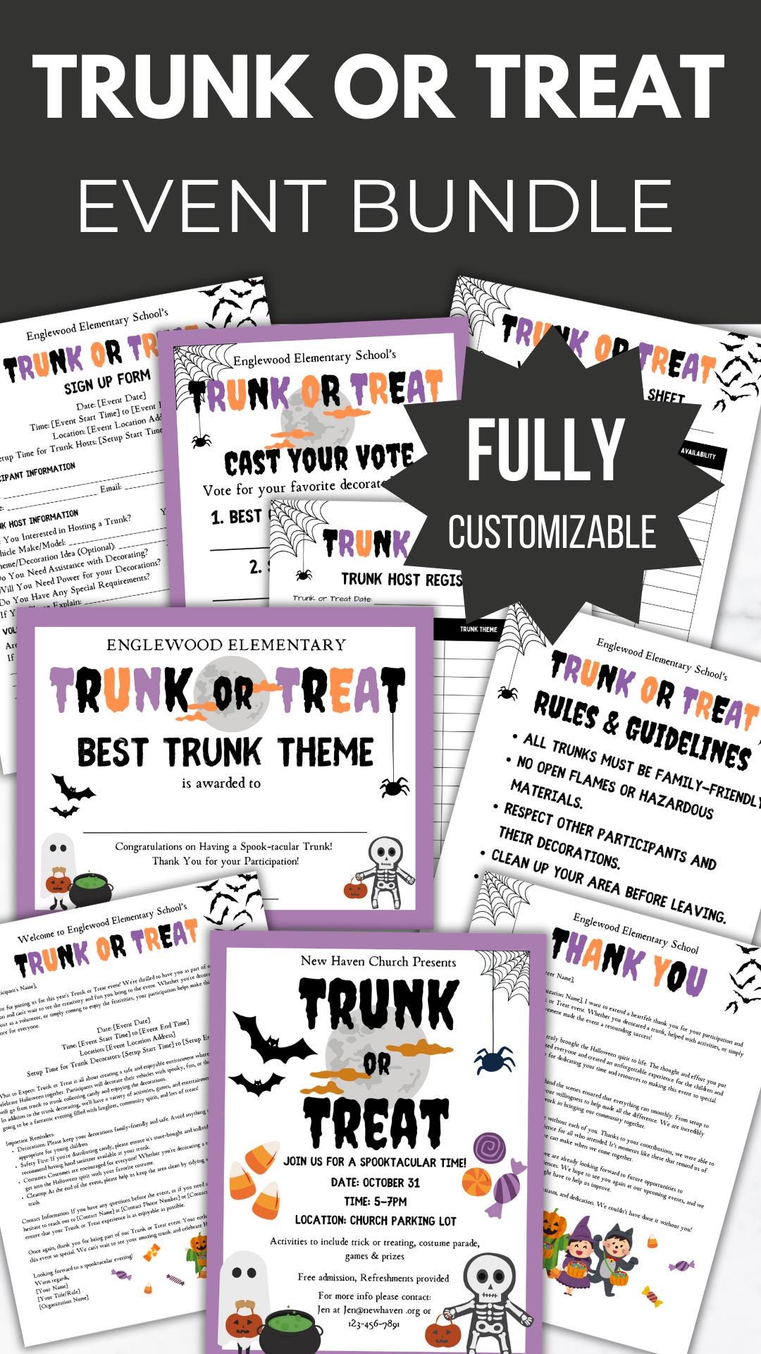 Trunk or Treat Flyer Invitation Template PTO Bundle Neighborhood Halloween Party invite PTA Editable School trick or treat fall event forms pin