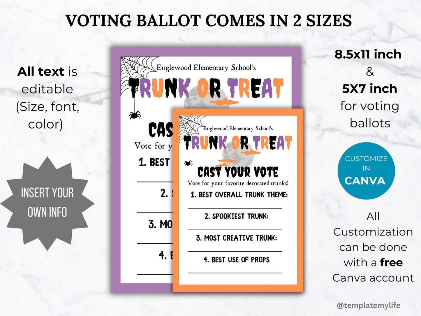 Trunk or Treat best trunk voting ballot template in 8.5 x 11 inch size and 5 x 7 inch size