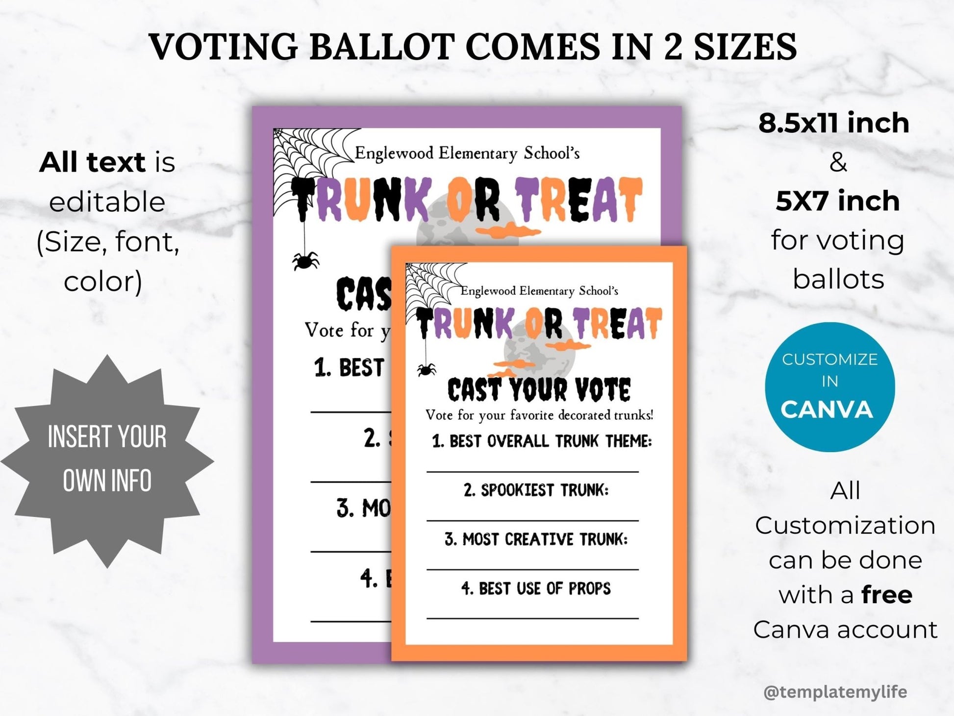 Trunk or Treat best trunk voting ballot template in 8.5 x 11 inch size and 5 x 7 inch size