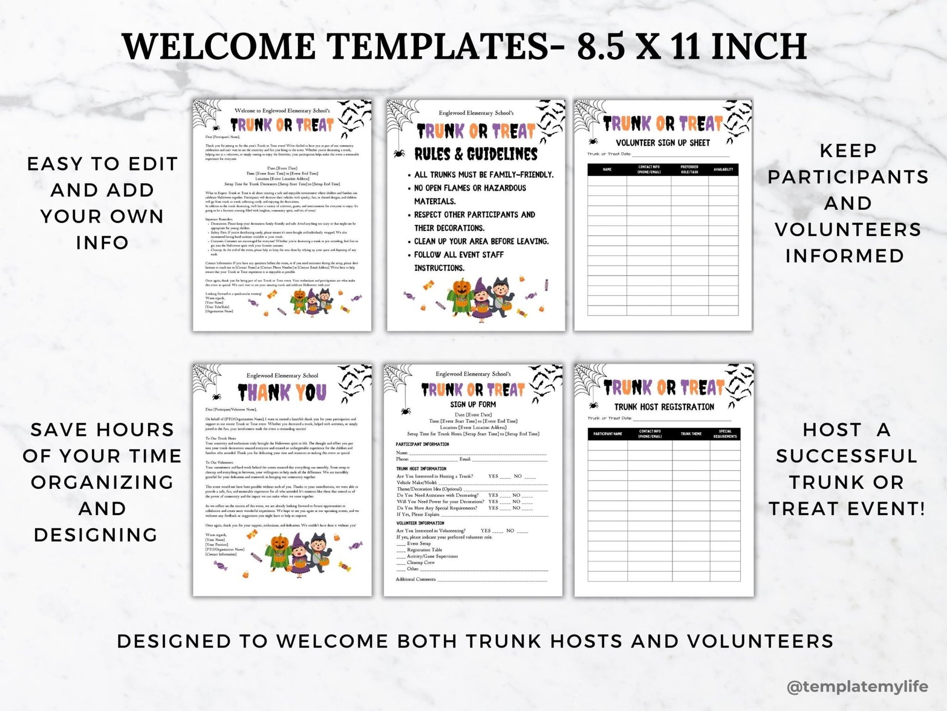 Trunk or Treat welcome letter, rules and guidelines, volunteer sign up sheet, thank you letter, sign up form and trunk host registration templates