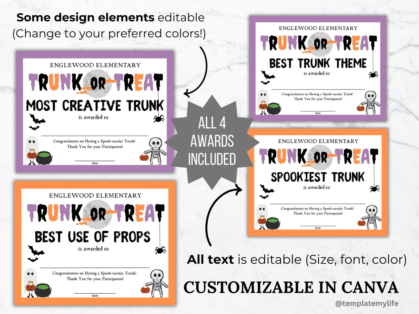 Editable Trunk or Treat award certificate templates