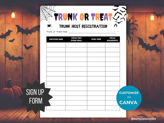 Trunk or Treat Flyer template PTO Host Registration Sign Up Sheet Halloween Party PTA flyer invite trick or treat signup form fall event