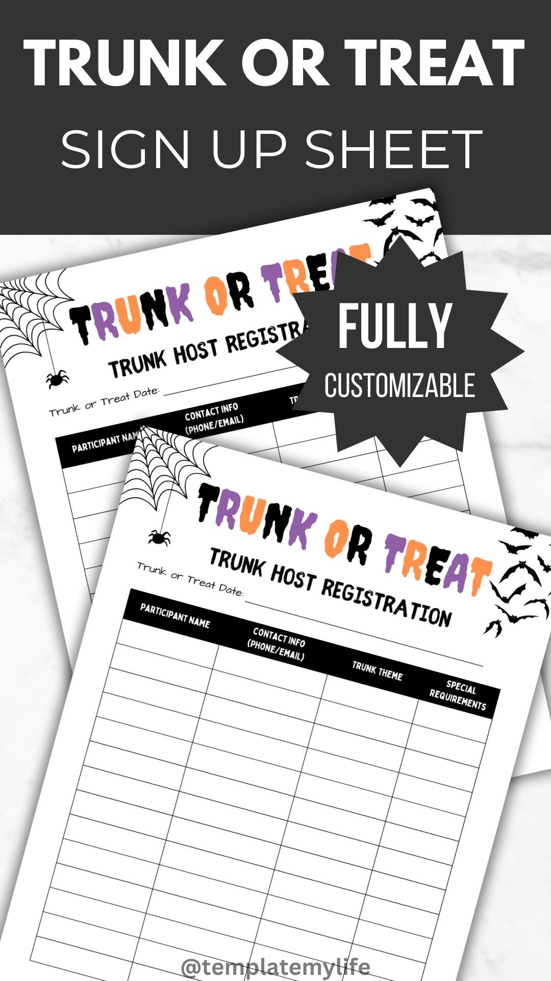 Trunk or Treat Flyer template PTO Host Registration Sign Up Sheet Halloween Party PTA flyer invite trick or treat signup form fall event