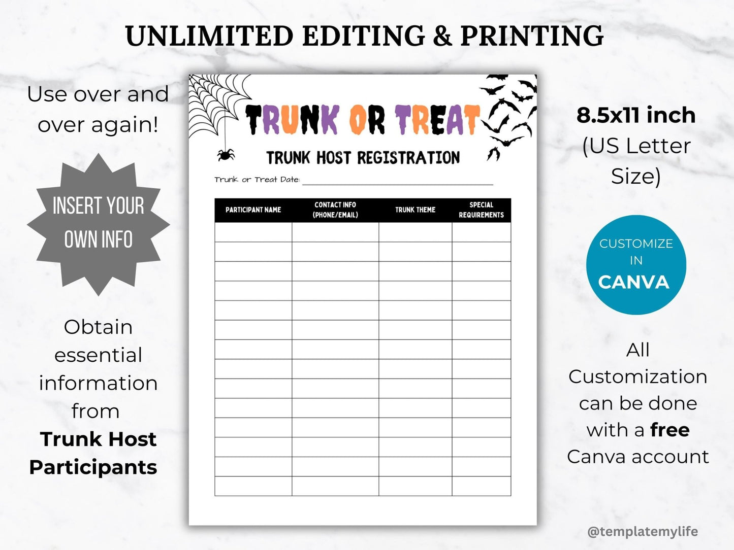 trunk or treat host registration sign up sheet completely customizable in canva and comes as 8.5 x 11 inch