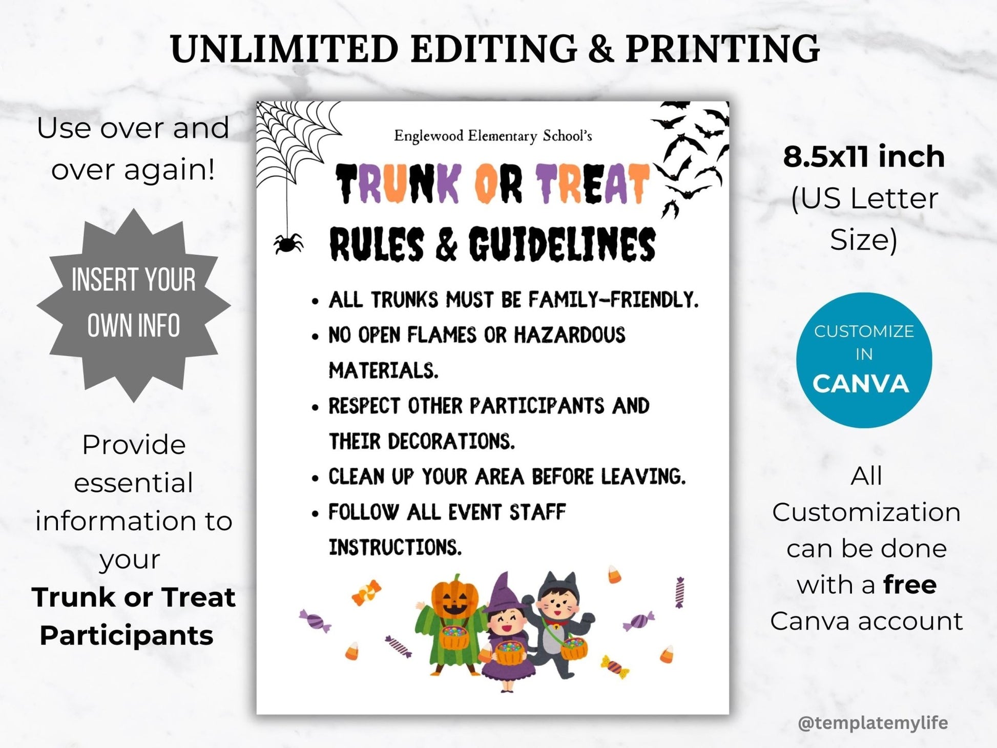 Trunk or treat rules and guidelines flyer template is fully customizable in canva and comes 8.5 x 11 inch