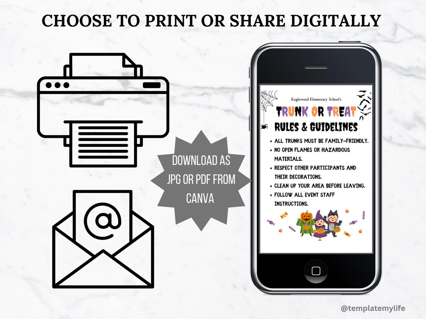 trunk or treat rules and guidelines template can be used either printed or digitally shown here on a phone