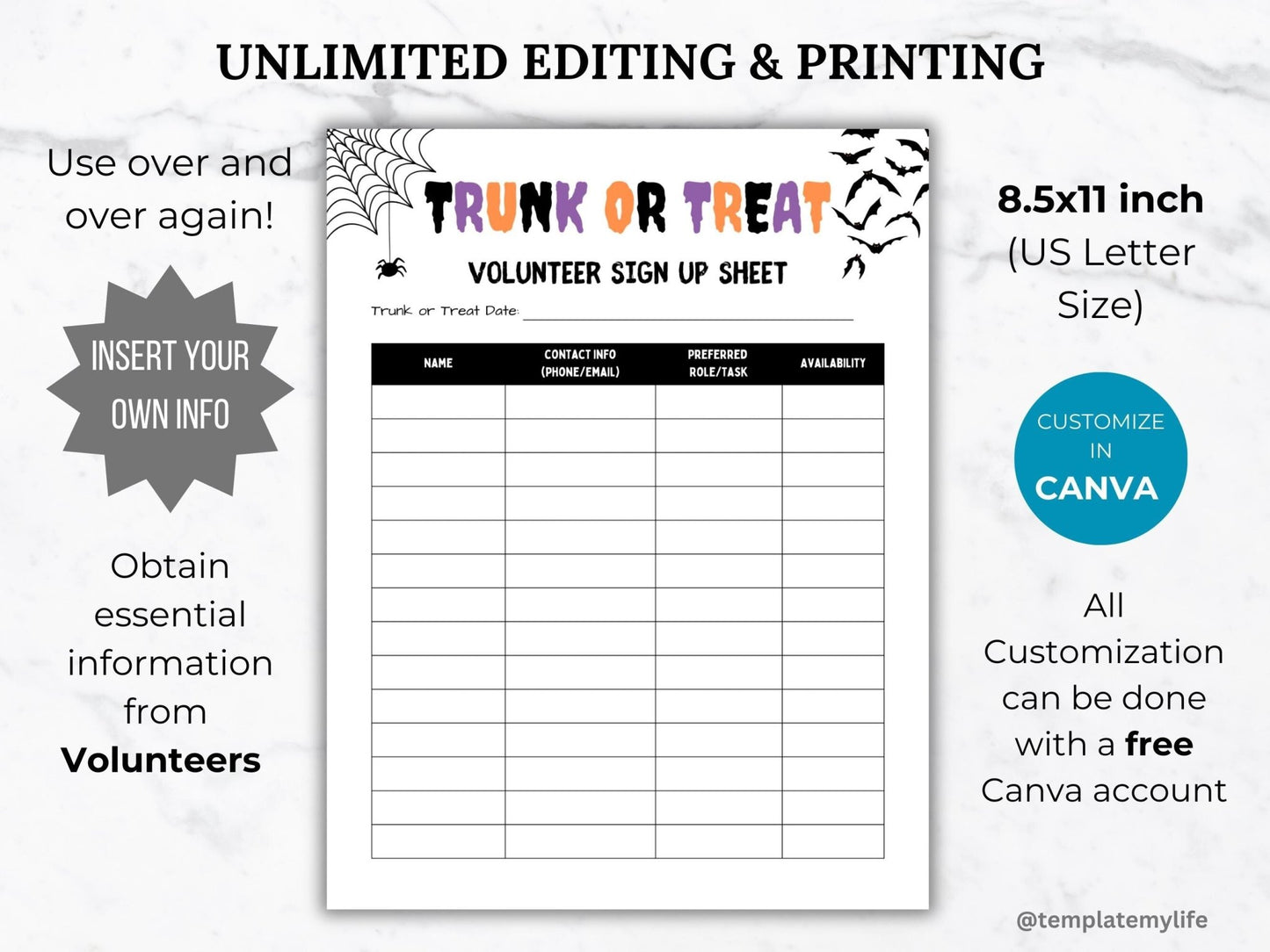 trunk or treat volunteer sign up sheet template fully customizable in canva in size 8.5 x 11 inch