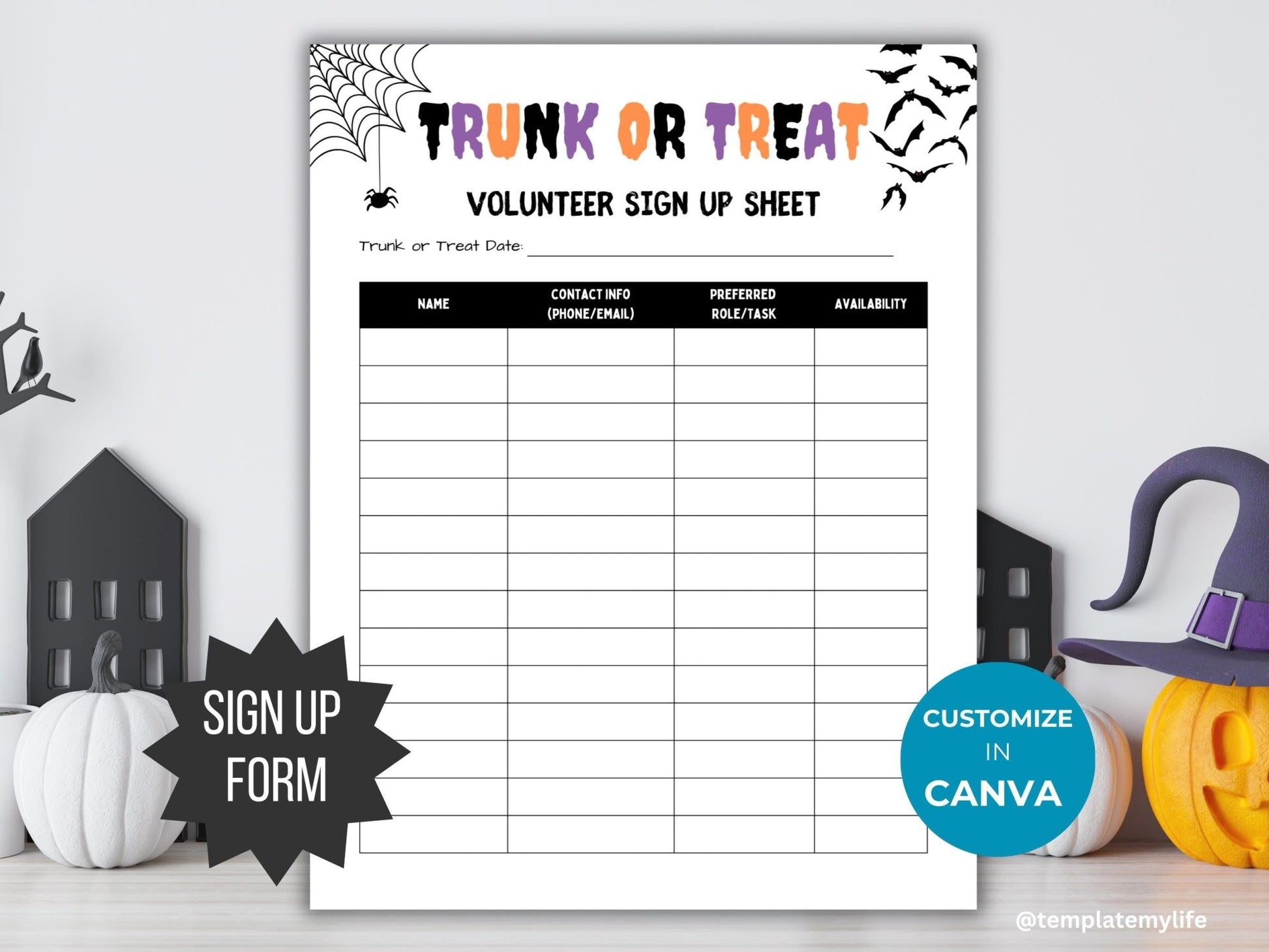 Trunk or Treat Flyer template PTO Volunteer Sign Up Sheet Halloween Party PTA flyer invite trick or treat signup form fall event printable