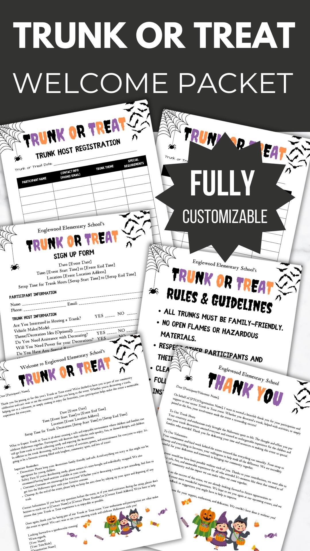 Trunk or Treat Welcome Packet Template Bundle PTO Halloween Party planning PTA School fall festival trick or treat event planner signup form