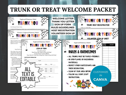 Trunk or Treat Welcome Packet Template Bundle PTO Halloween Party planning PTA School fall event trick or treat event planner sign up forms