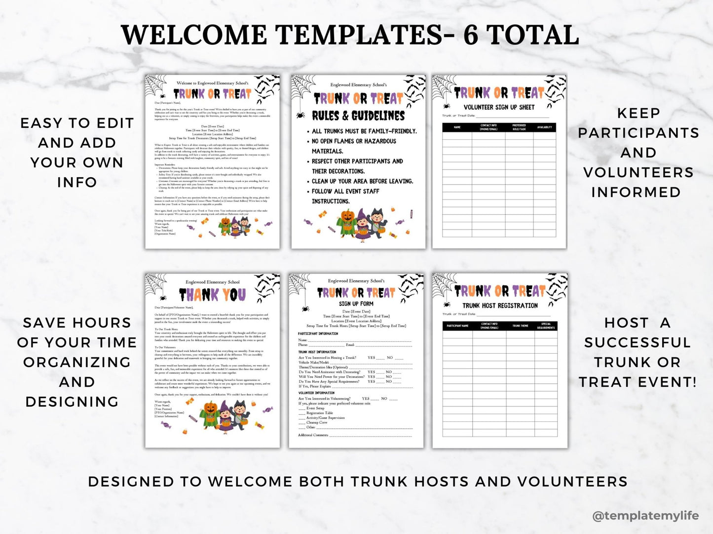 Trunk of Treat welcome letter, trunk or treat rules and guidelines, trunk or treat volunteer sign up sheet, trunk or treat thank you letter, trunk of treat sign up form, trunk host registration template