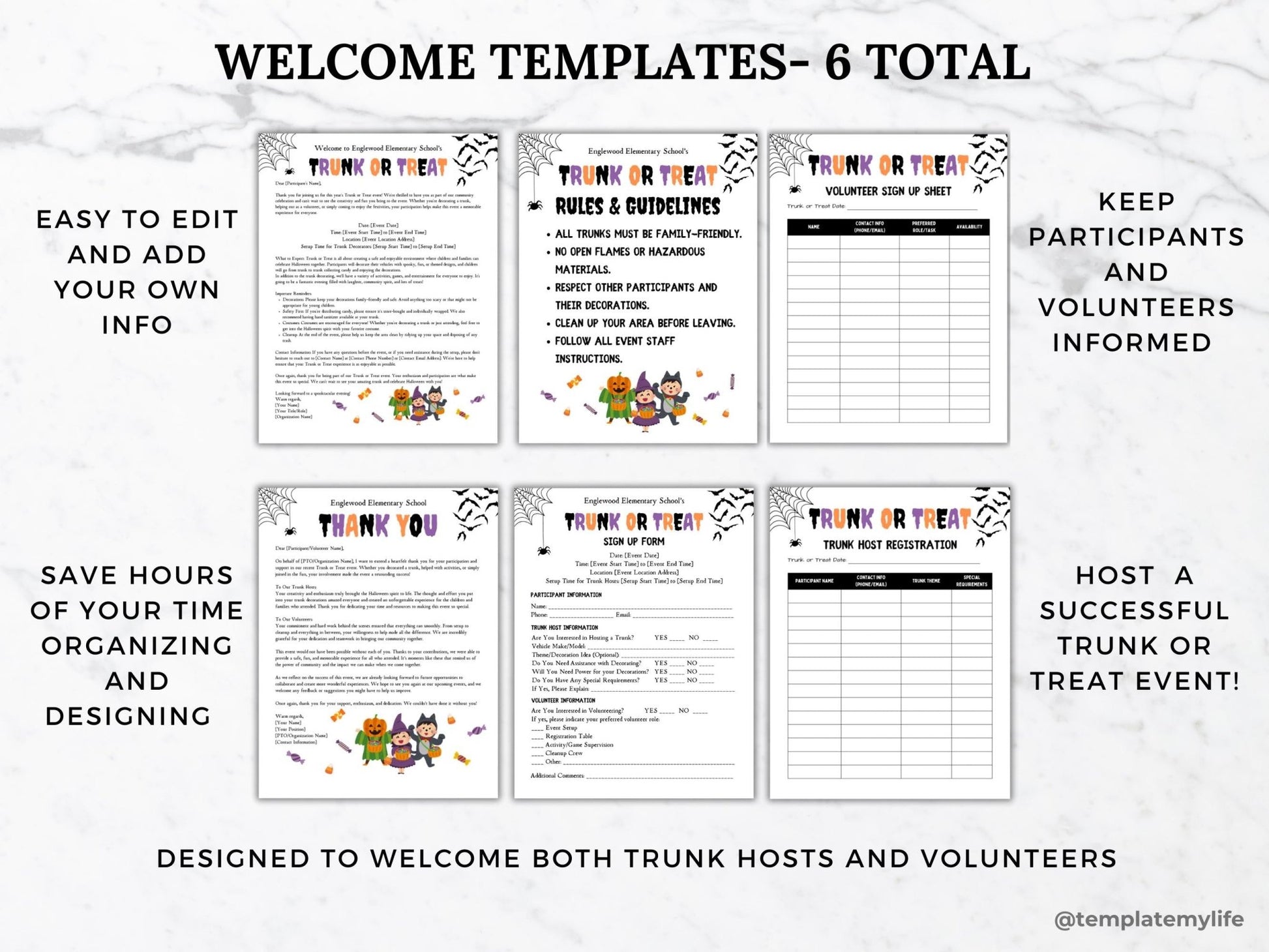 Trunk of Treat welcome letter, trunk or treat rules and guidelines, trunk or treat volunteer sign up sheet, trunk or treat thank you letter, trunk of treat sign up form, trunk host registration template