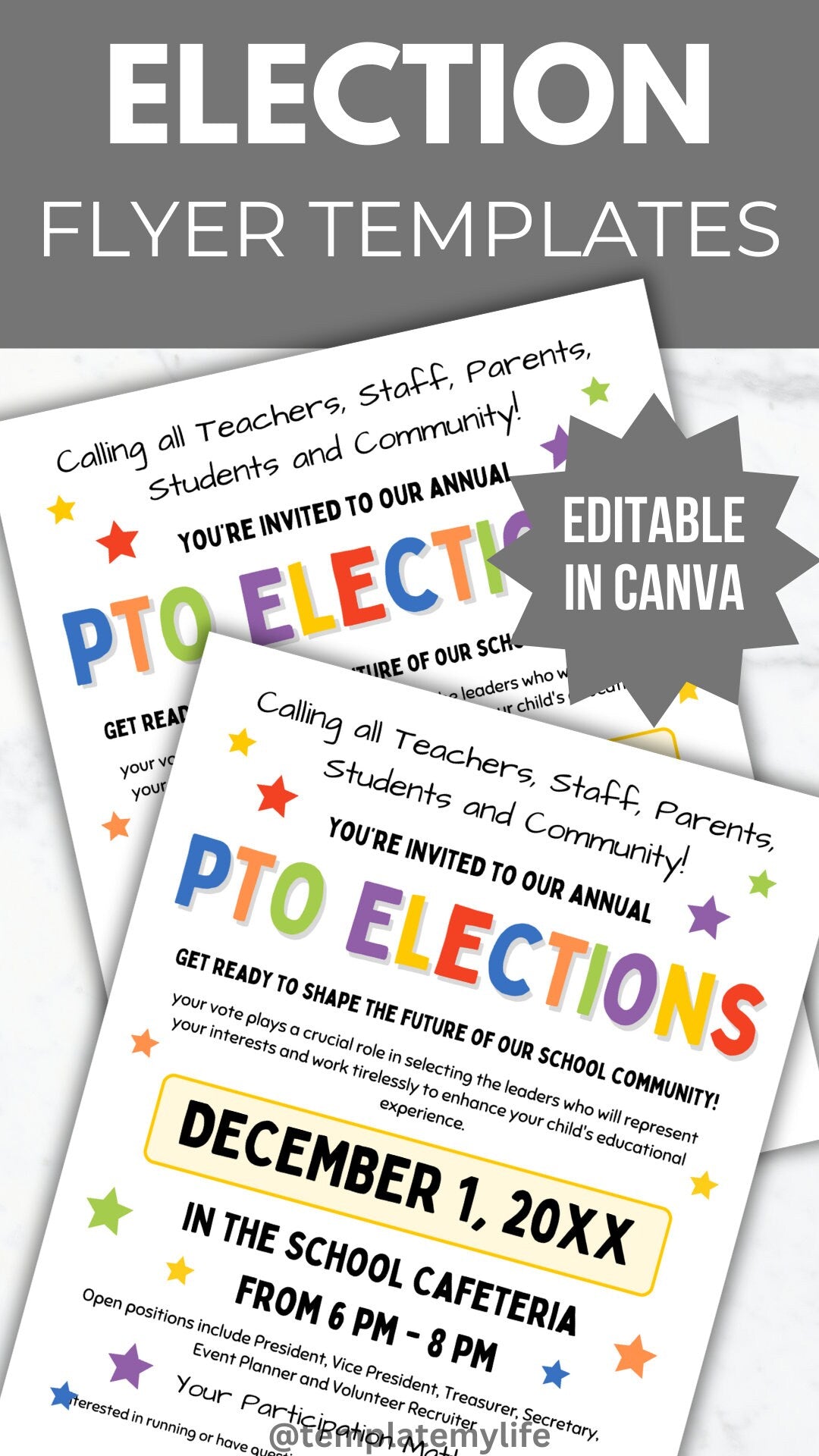 PTA Election Flyer Template PTO Election school voting recruitment handout Pta board member printable pta volunteer pto pta president binder