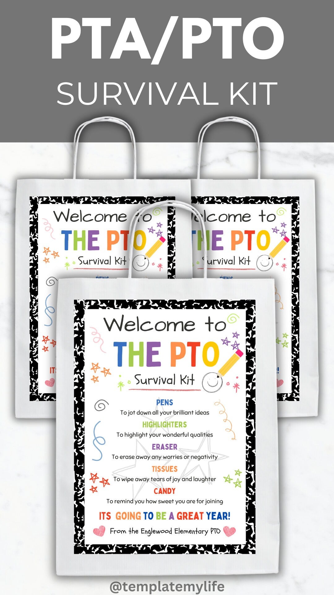 PTA Survival Kit Template Join the PTO gift bag printable welcome to the pta member appreciation gift idea PTA gift back to school gift