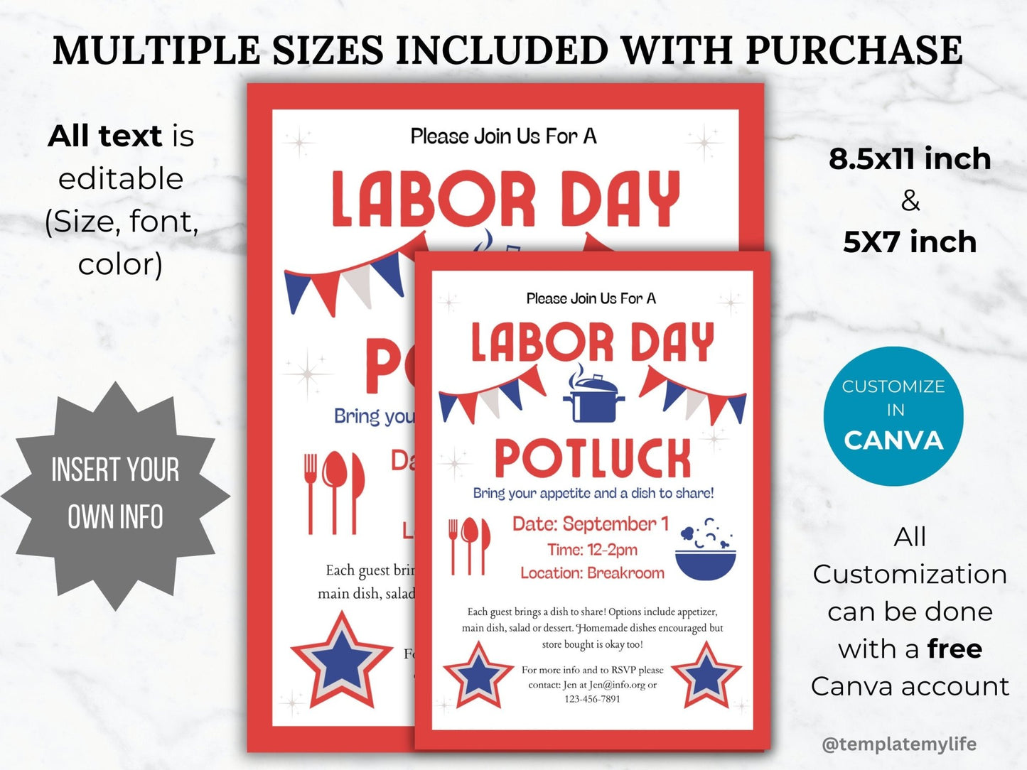 Labor Day Potluck Flyer template neighborhood potluck invitation flyer dinner party invite Fall event flyer community dinner party flyer