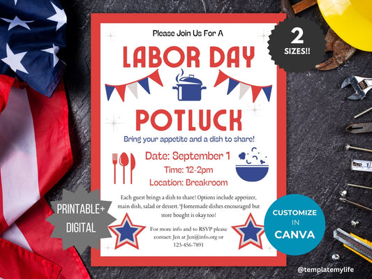 Labor Day Potluck Flyer template neighborhood potluck invitation flyer dinner party invite Fall event flyer community dinner party flyer