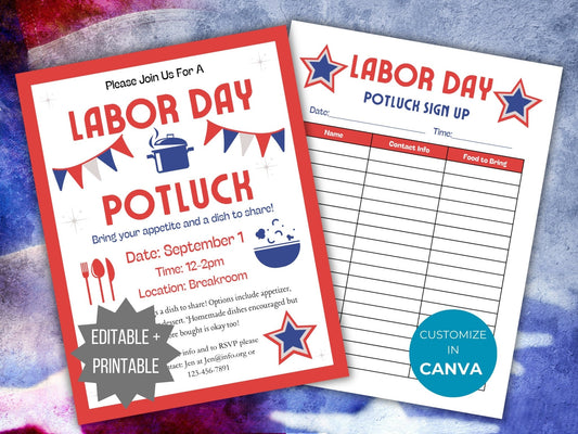 Labor day Potluck Invite template Potluck sign up sheet fall party flyer neighborhood barbecue party invitation picnic signup form bundle