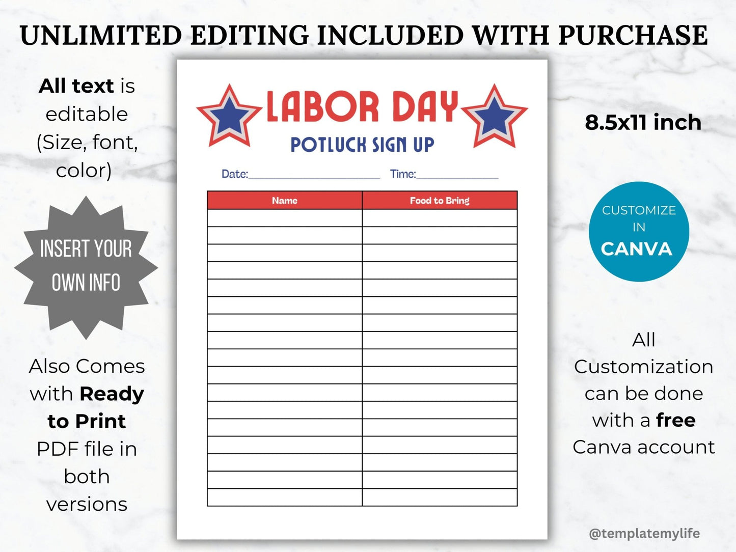 Labor Day Potluck Sign Up Sheet Template