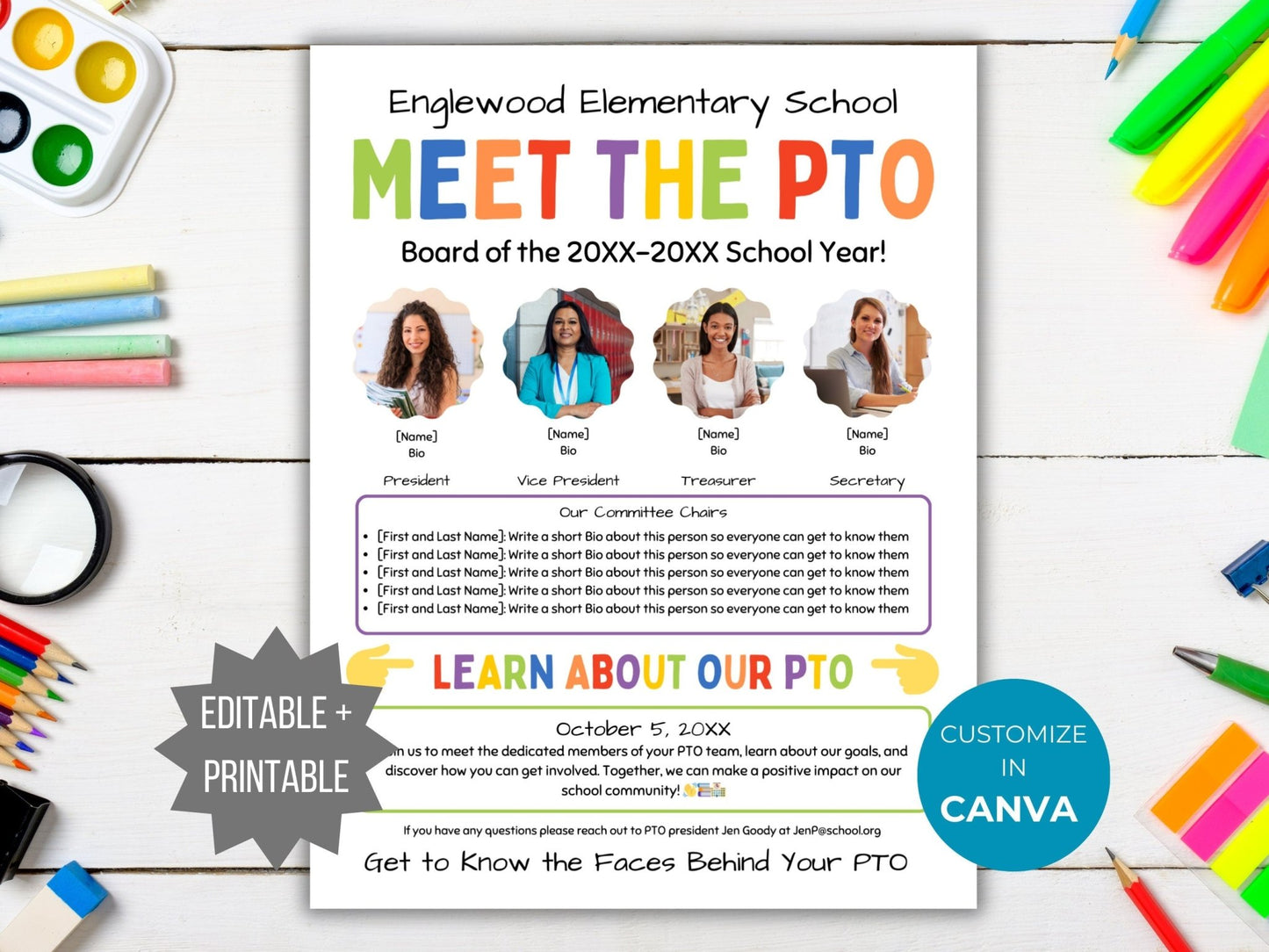 Cover photo for meet the pto pta flyer stating it is editable in canva and printable