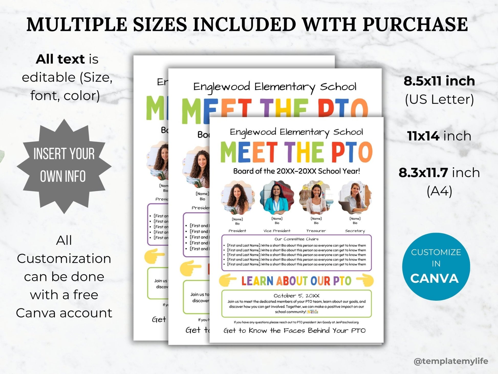 Meet the PTO Flyer template comes in size 8.5 x 11 inch (US Letter Size), 11x14 inch and A4 size and is customizable in Canva