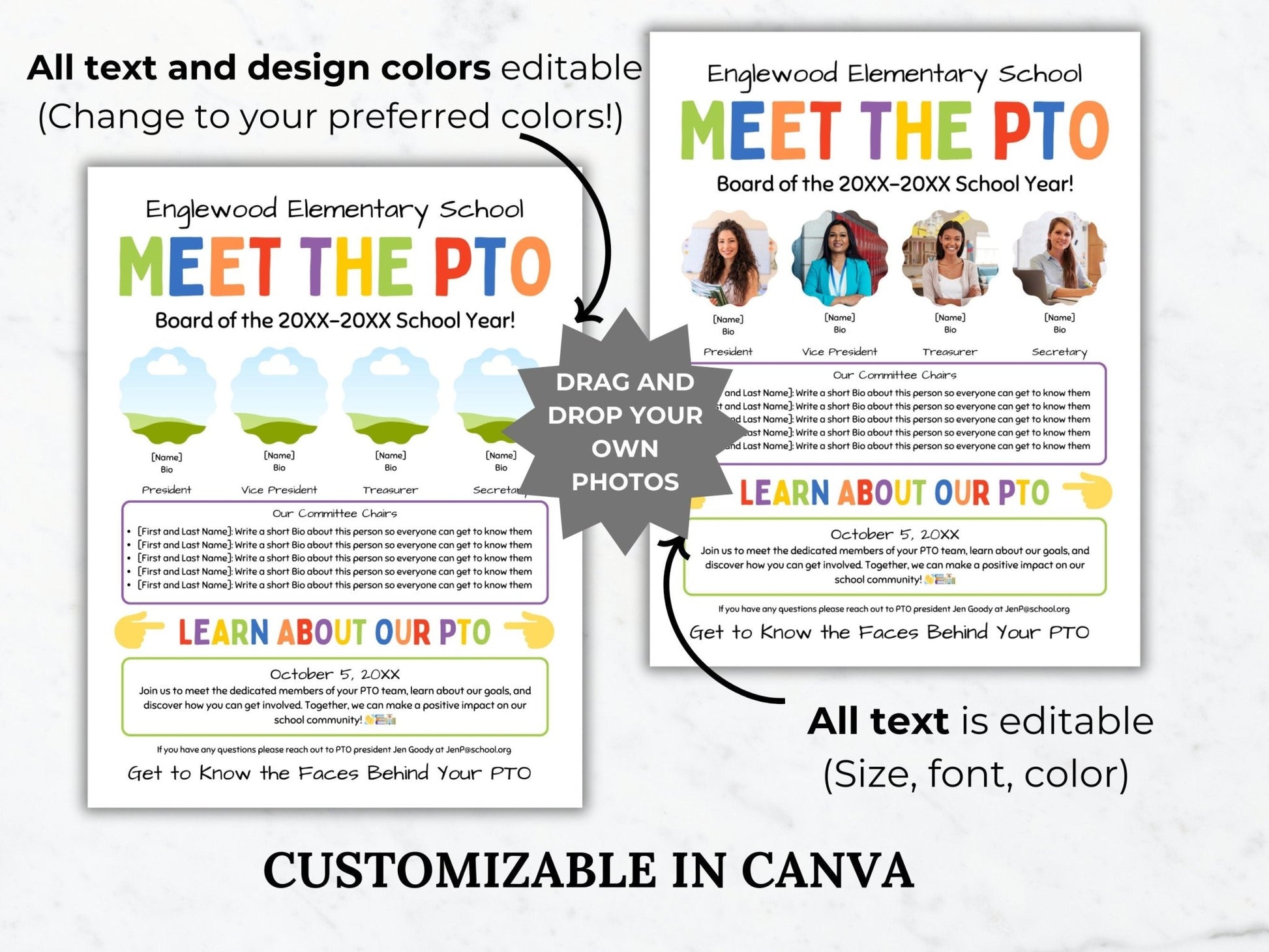 photo showing that you drag drop photos into the meet the pto pta flyer within canva and all text and designs are editable