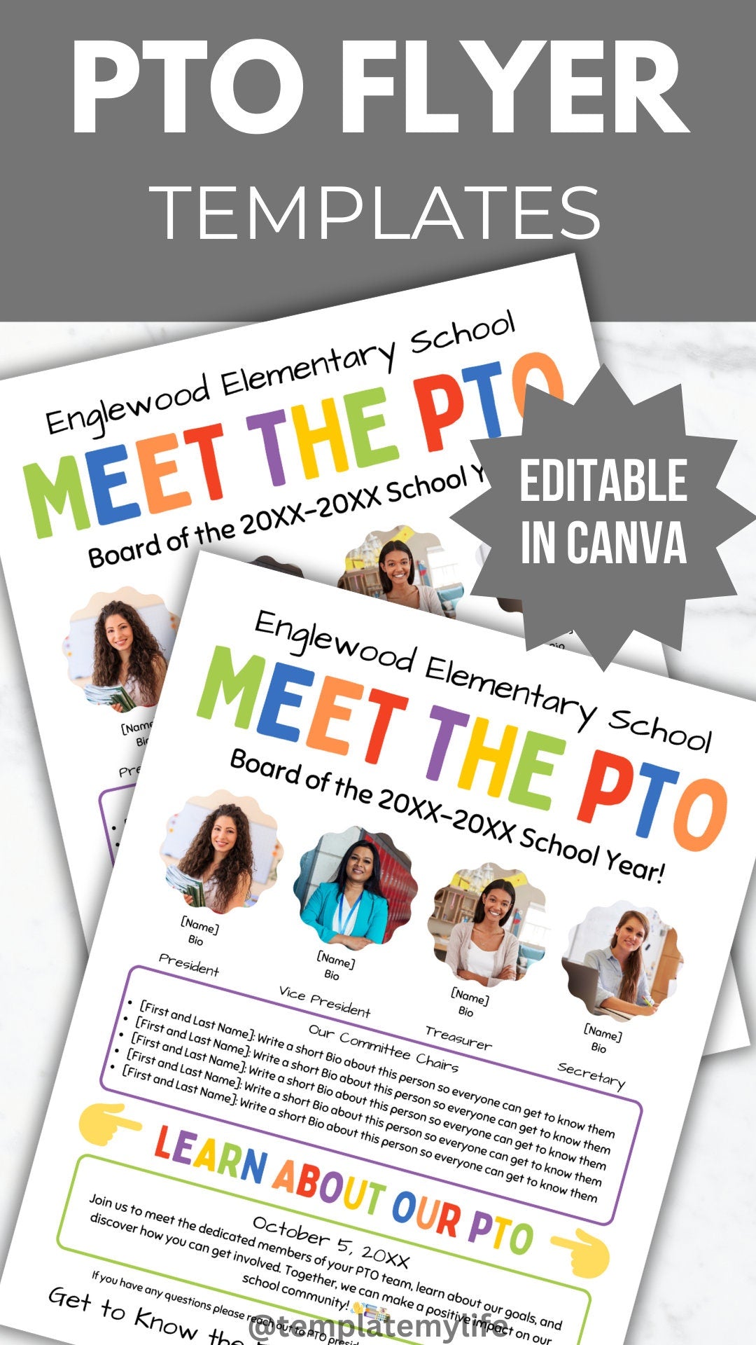 Meet the PTO flyer template, colorful is editable in canva