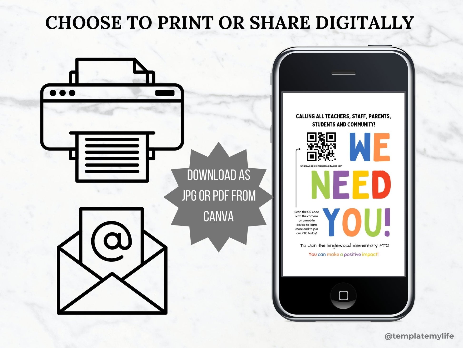 PTO PTA Recruitment QR Code Flyer shown able to be used printed or digitally