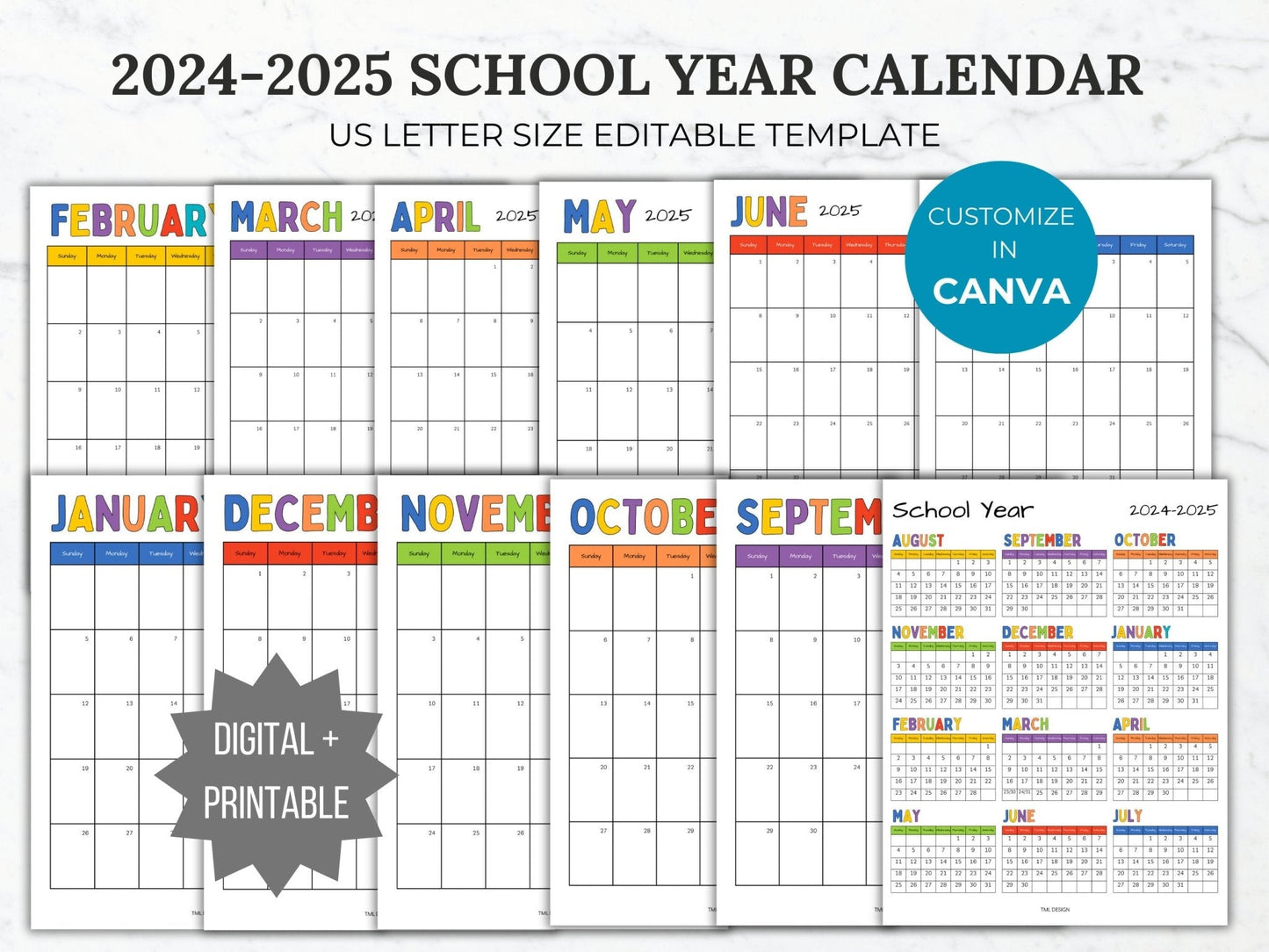 PTA PTO School Year Calendar Template 2024-2025 Portrait Monthly Calendar cover pae