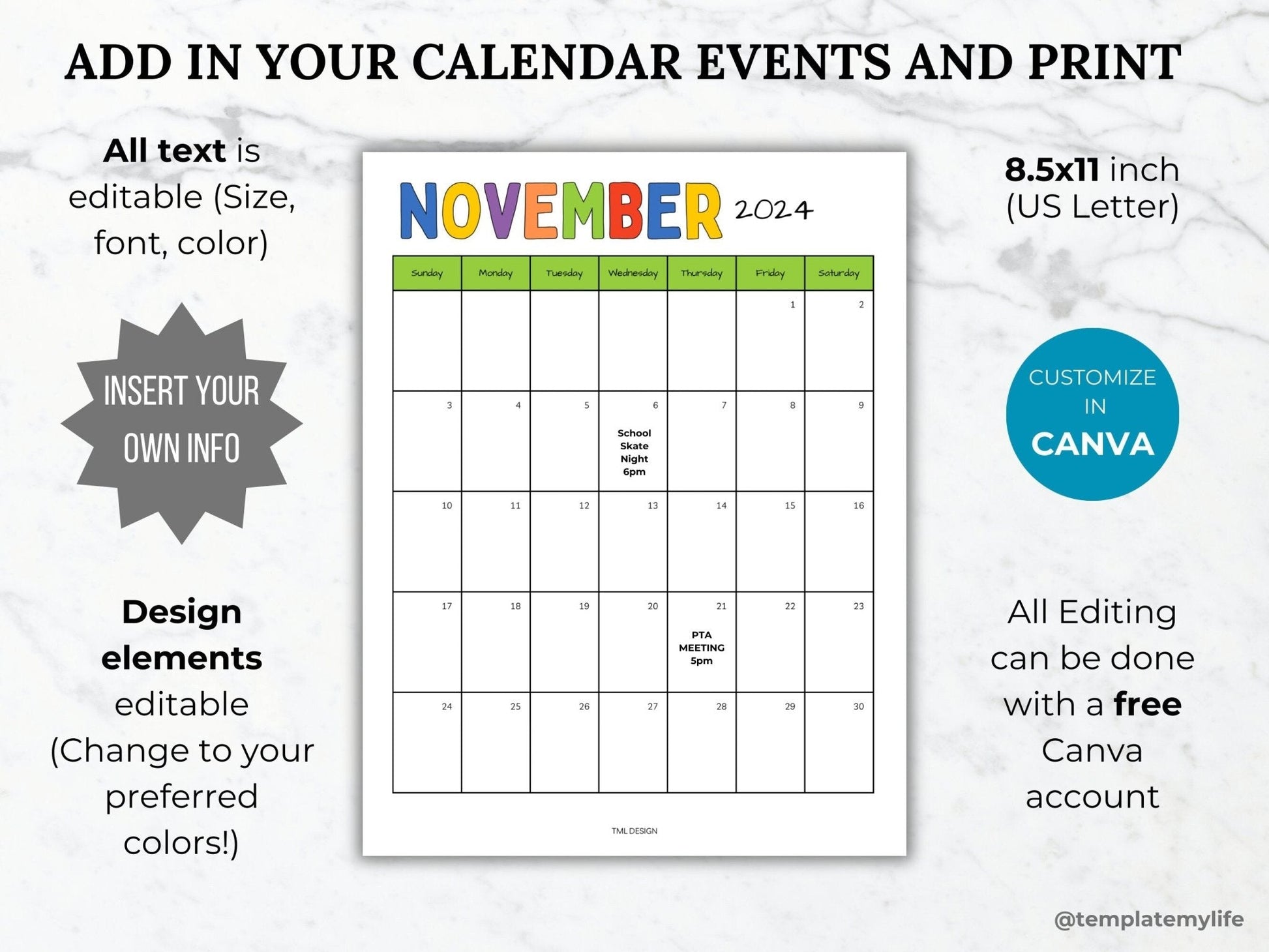 PTA PTO School Year Calendar Template 2024-2025 showing available Us Letter size and editable with a free canva account