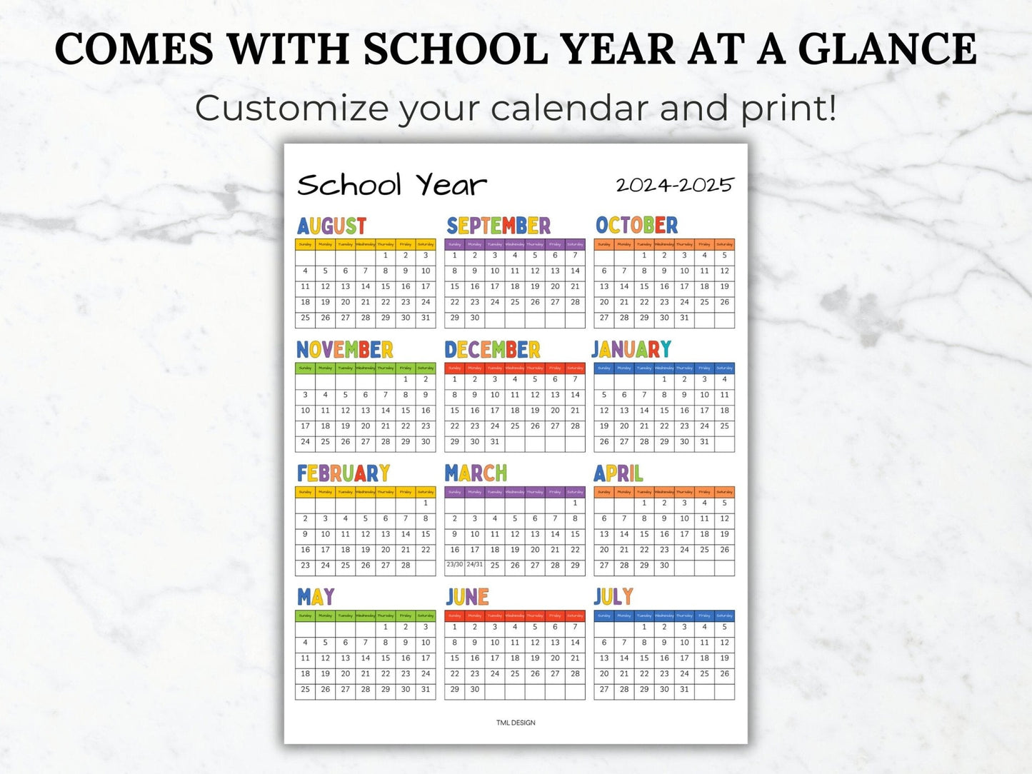 PTA PTO School Year Calendar Template 2024-2025 year at a glance shown