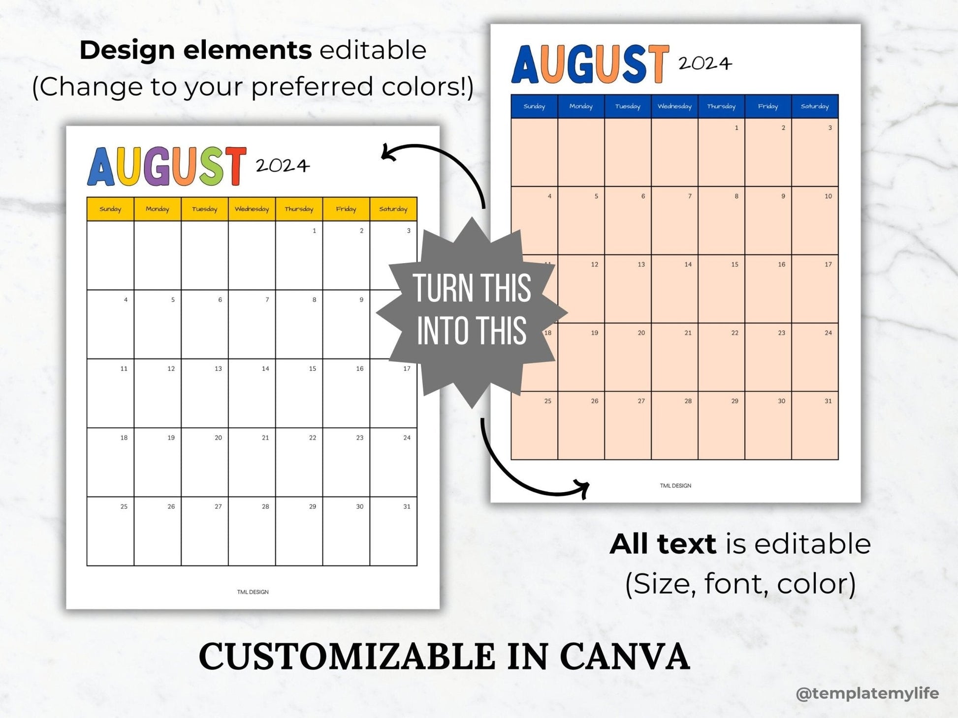 PTA PTO School Year Calendar Template 2024-2025 Portrait Monthly Calendar Year at a Glance Academic Calendar shown in 2 different colors to show that you can edit all design elements