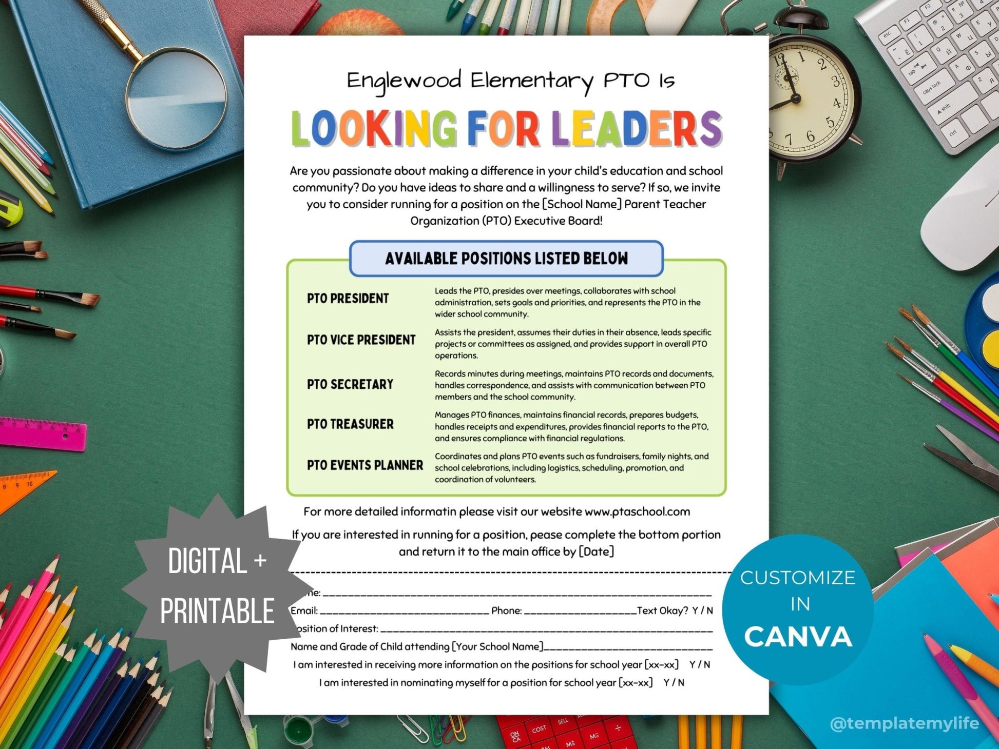 PTA PTO Board Member Recruitment Flyer PTA Election Nomination Form pto position leader needed Template pta president handout pto volunteer