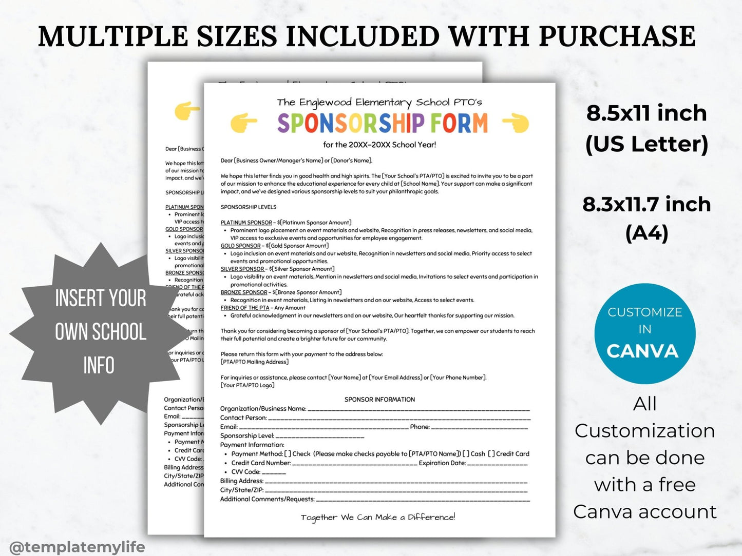 PTA Sponsorship Form Printable PTO Sponsorship letter editable template sponsorship template pto School sponsorship handout pta donation