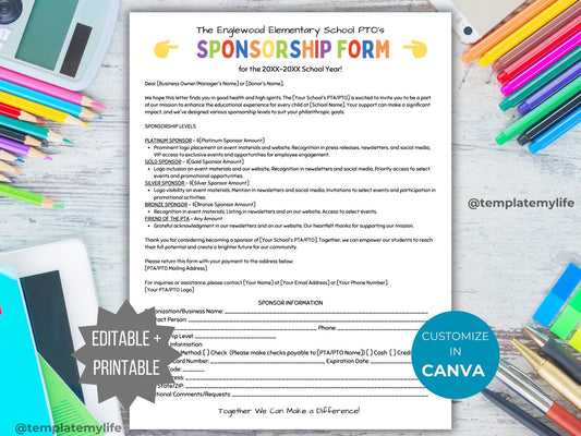 PTA Sponsorship Form Printable PTO Sponsorship letter editable template sponsorship template pto School sponsorship handout pta donation