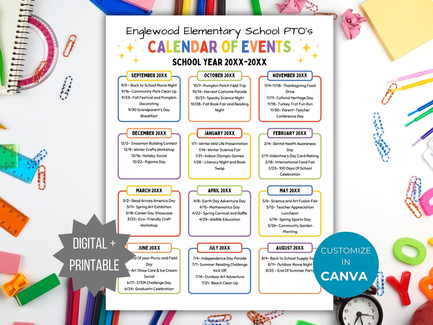 PTA Calendar of Events Flyer PTO Calendar of Events Template Pta school calendar printable pta monthly calendar pto sign pta planner binder