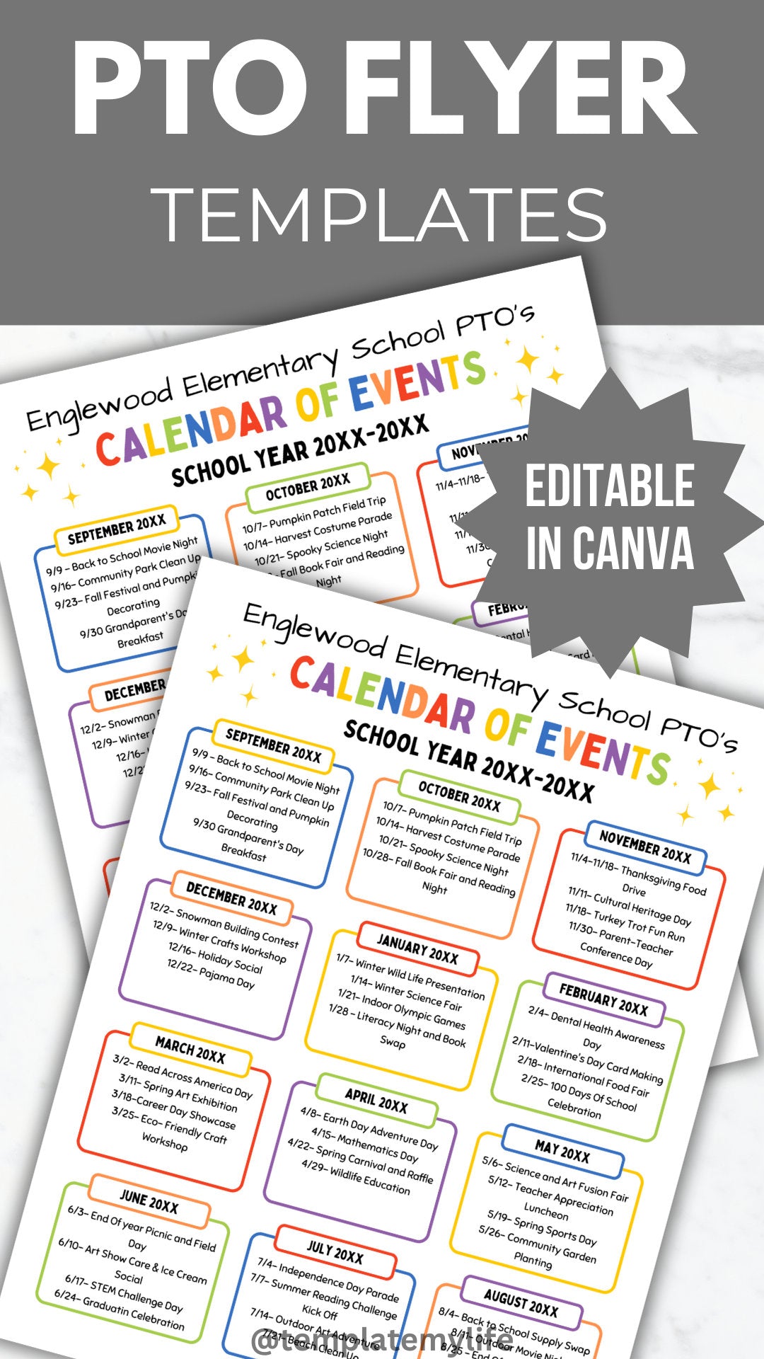 PTA Calendar of Events Flyer PTO Calendar of Events Template Pta school calendar printable pta monthly calendar pto sign pta planner binder