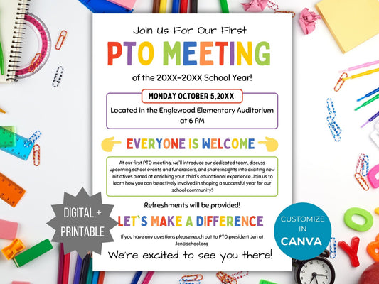 PTA Meeting Flyer PTO Meeting template pta Back to School pto meeting invite pta announcement poster pto sign recruitment flyer printable