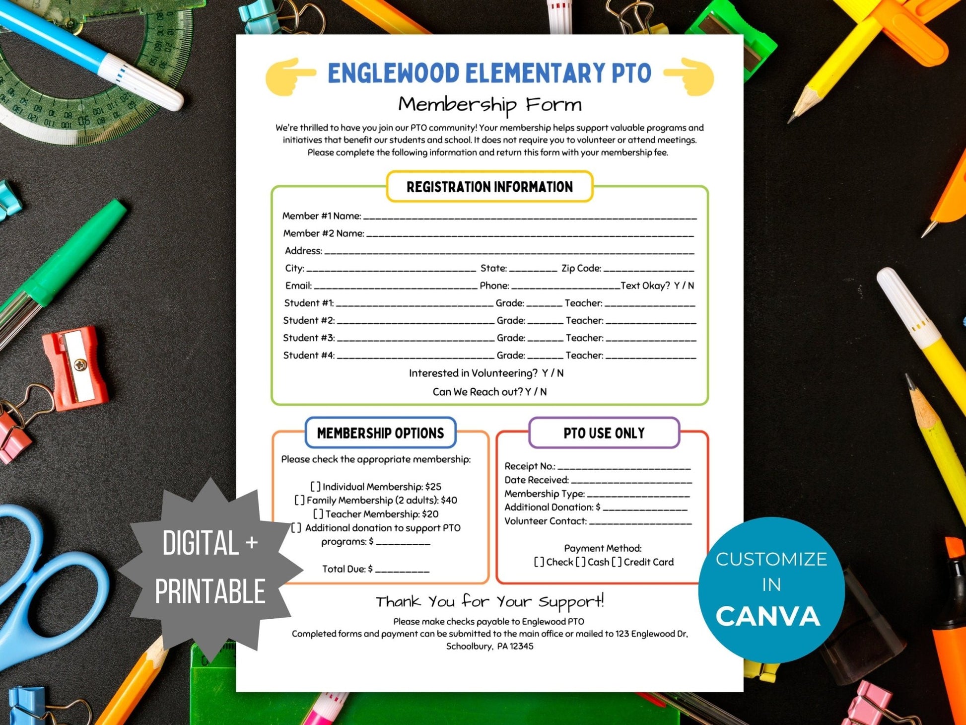 PTA Membership sign up form PTO member sign up template pto member form printable pta sign up sheet pto form handout pta president binder