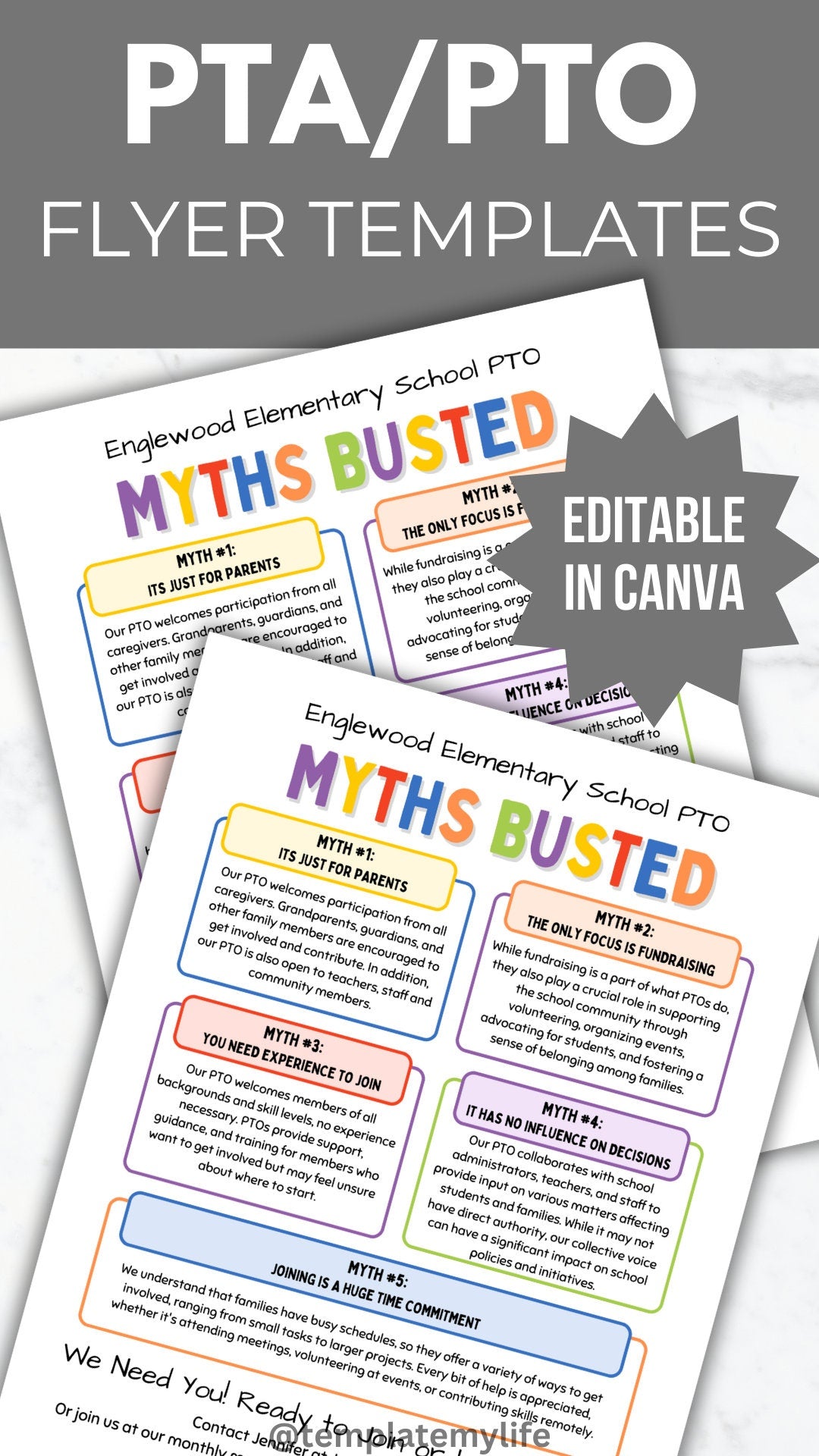 PTA Recruitment Flyer PTO membership template editable school pta volunteer handout printable pto myths flyer why join pta information