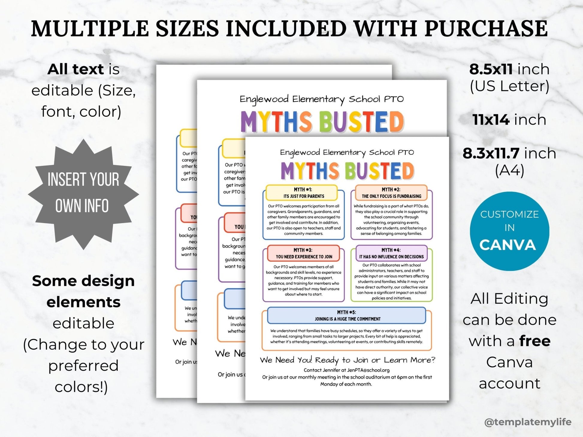 PTA Recruitment Flyer PTO membership template editable school pta volunteer handout printable pto myths flyer why join pta information