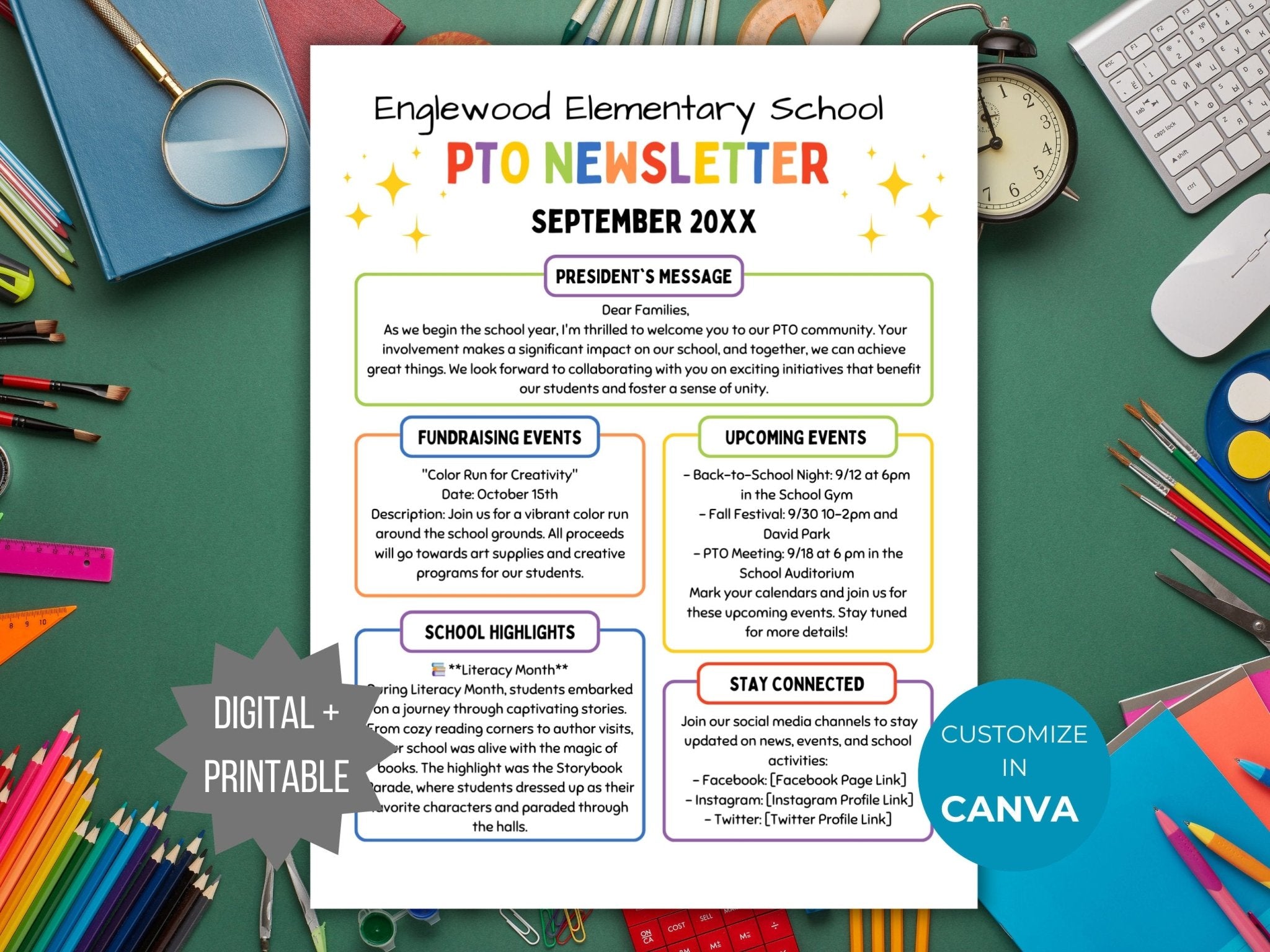 PTO Newsletter Editable Template School Classroom Updates