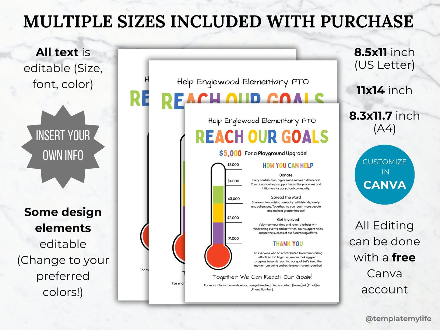 photo showing PTO PTA fundraiser goal thermometer flyer comes in 3 sizes- Us letter size, A4 size and 11 x 14 inch size and is completely editable in canva with a free account