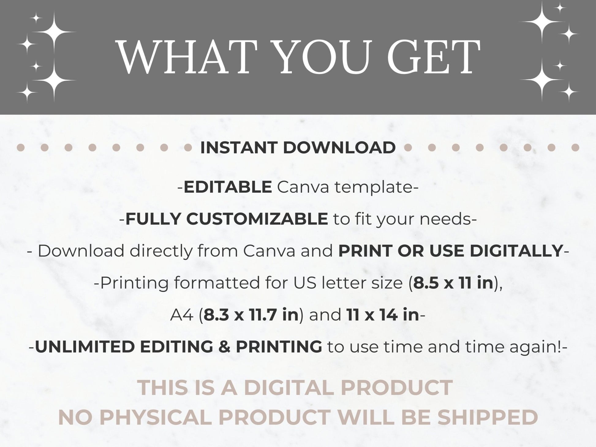 Shows what comes with purchase- a fully customizable canva template that can be used both printed or digitally and in size 8.5 x 11 inch, 8.3 x 11.7 inch and 11 x 14 inch with unlimited editing and printing