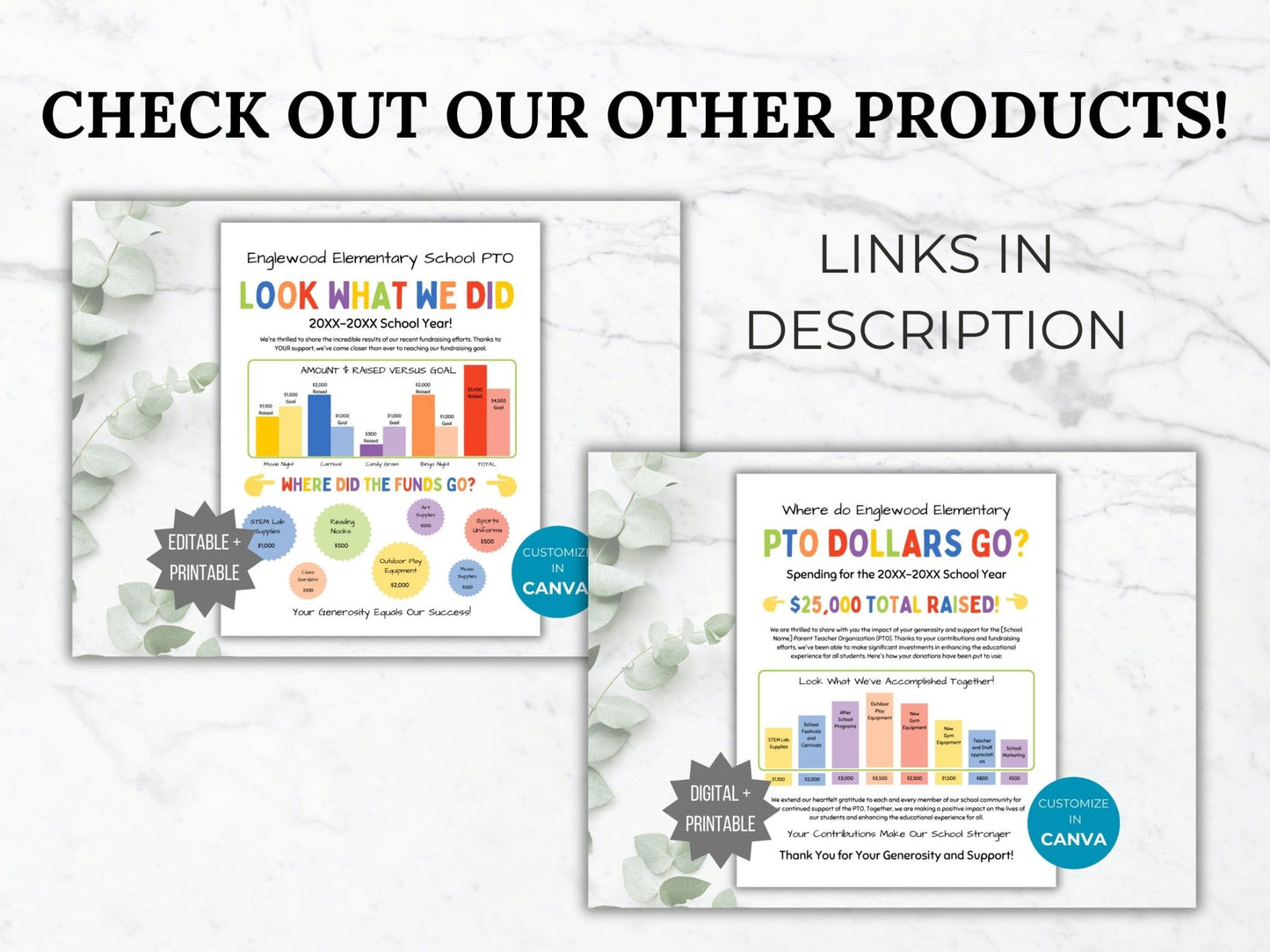 other products available such as "look what we did" fundraising achievement flyer and "where do PTO dollars go?" fundraising summary template