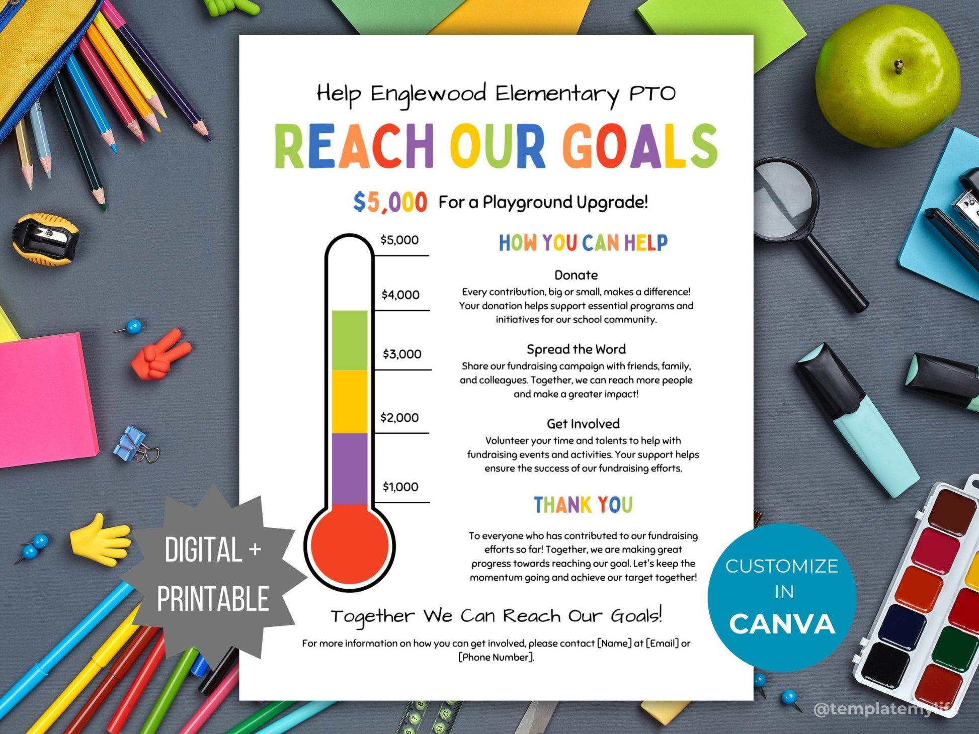 Cover photo for Fundraising goal thermometer template showing the colorful flyer template